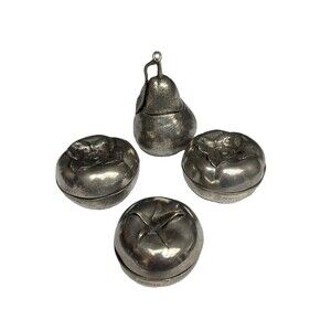 Vintage Mid Century Pewter Fruit Trinket Boxes Set of 4 Tomato Pear Persimmon